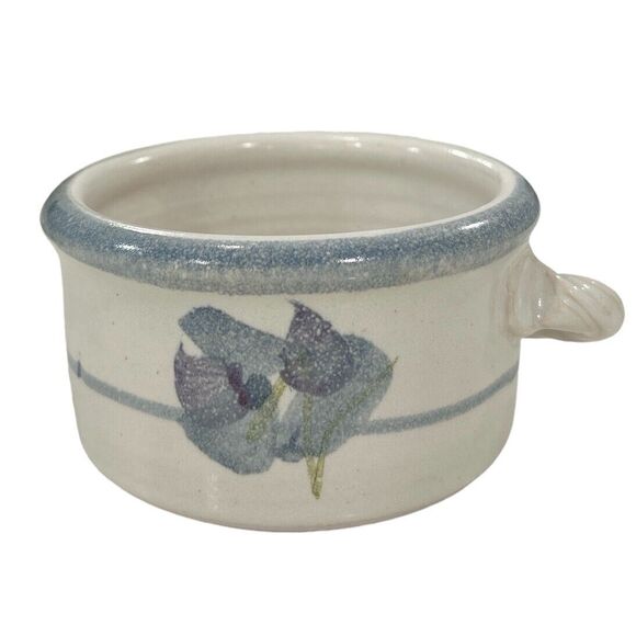 Shallow White and Blue Hand Glazed Handled Stoneware Mug or Broth Bowl - Picture 4 of 6